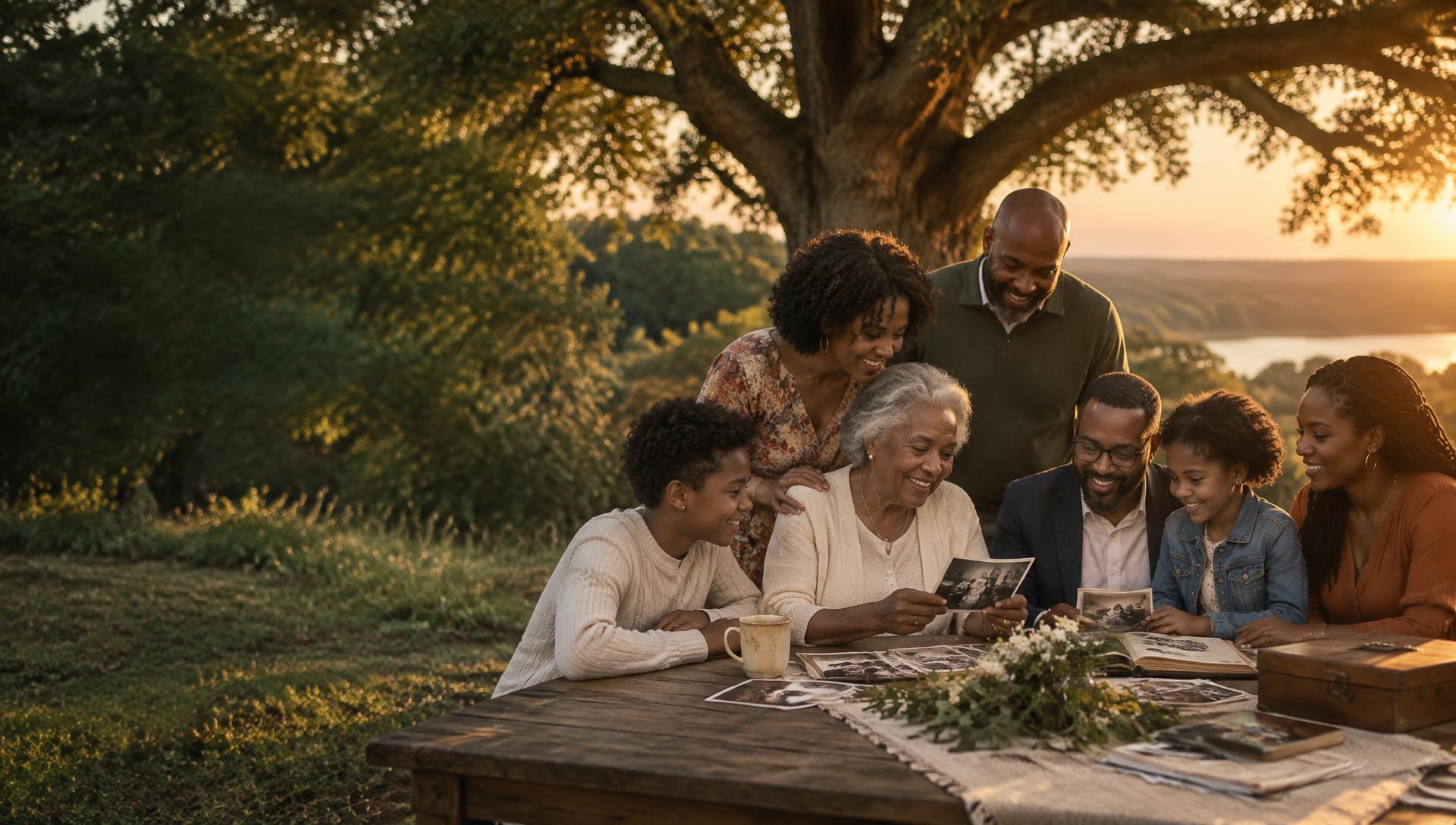 A family sharing photographs and treasured memories together